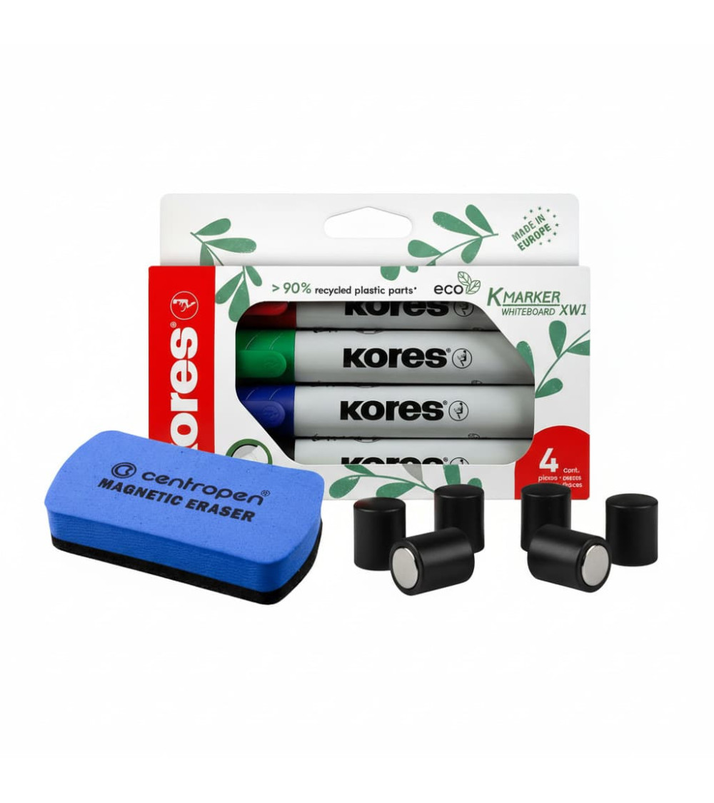 Kompletní sada pro bílé tabule – popisovače, magnetická houba a silné magnety. Kompletní sada pro bílé tabule – popisovače, magnetická houba a silné magnety.