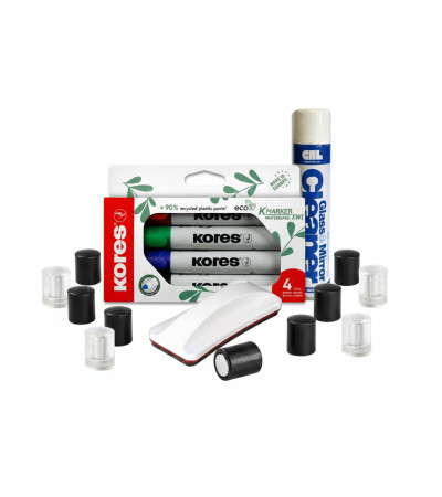 Kompletní sada pro bílé tabule – popisovače, elegantní stěrka, čistič a silné magnety.