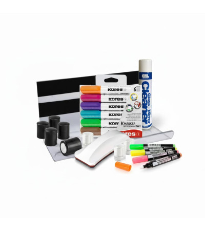 Kompletní sada pro bílé tabule – popisovače, elegantní stěrka, čistič, silné magnety a držák.