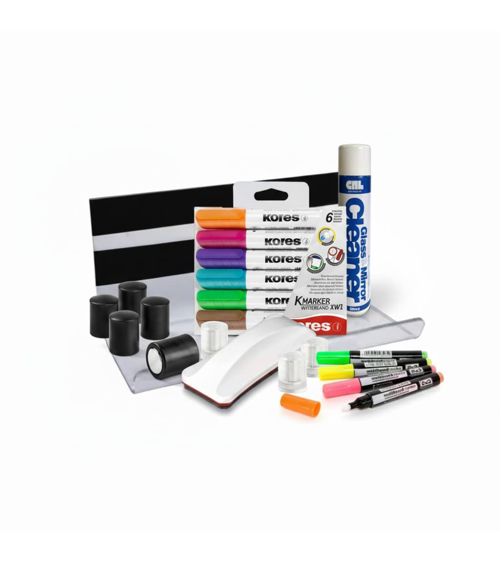 Kompletní sada pro bílé tabule – popisovače, elegantní stěrka, čistič, silné magnety a držák. Kompletní sada pro bílé tabule – popisovače, elegantní stěrka, čistič, silné magnety a držák.